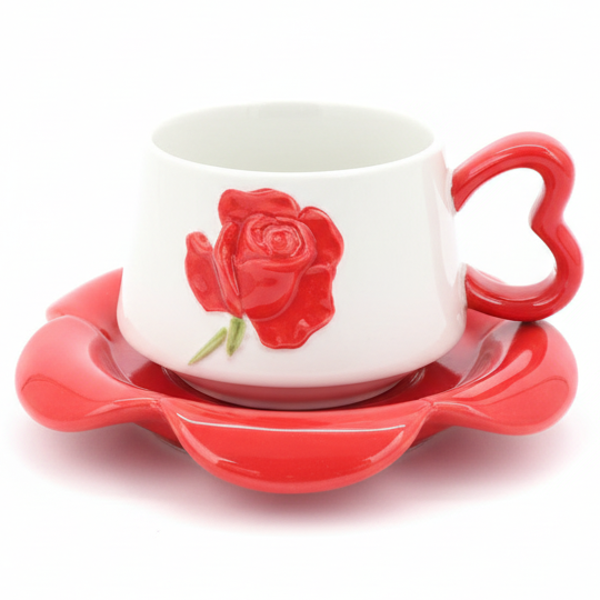 AKDC Ceramic Cup and Saucer Set – Red with White Flower Pattern, 350 ml Coffee & Tea Cup