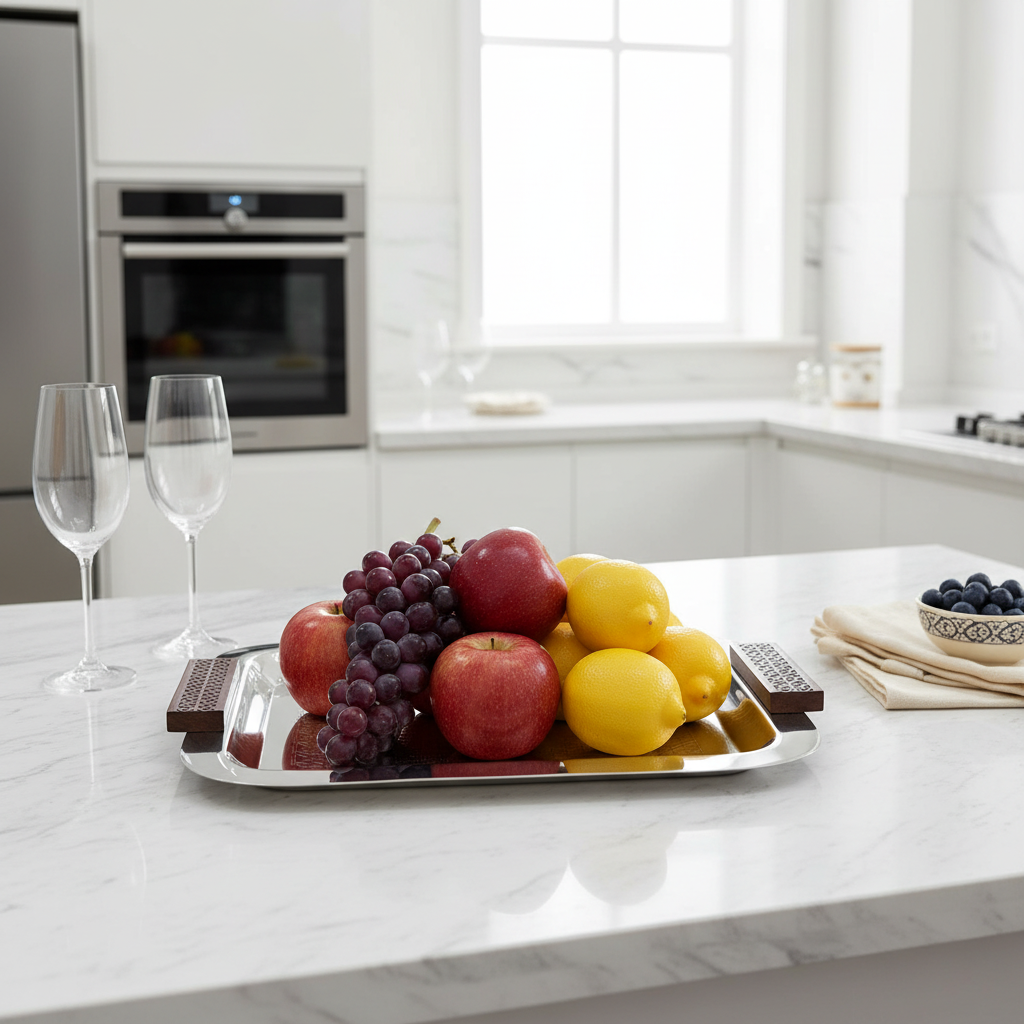 Luhpar Rectangle Stainless Steel Serving Tray with Wooden Handles - 43×33cm