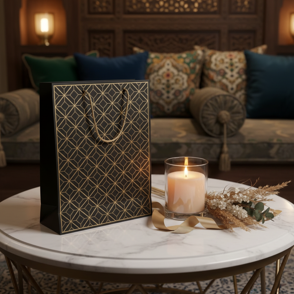 Black & Gold Geometric Paper Gift Bag – 40×30cm | Premium Foil Pattern with Twisted Rope Handles |