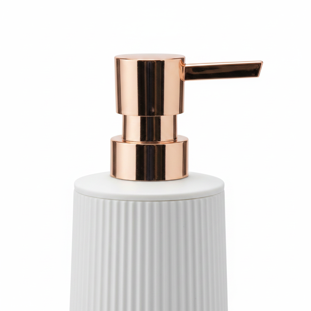 White Plastic Ribbed Soap Dispenser with Rose Gold Pump – 400ml