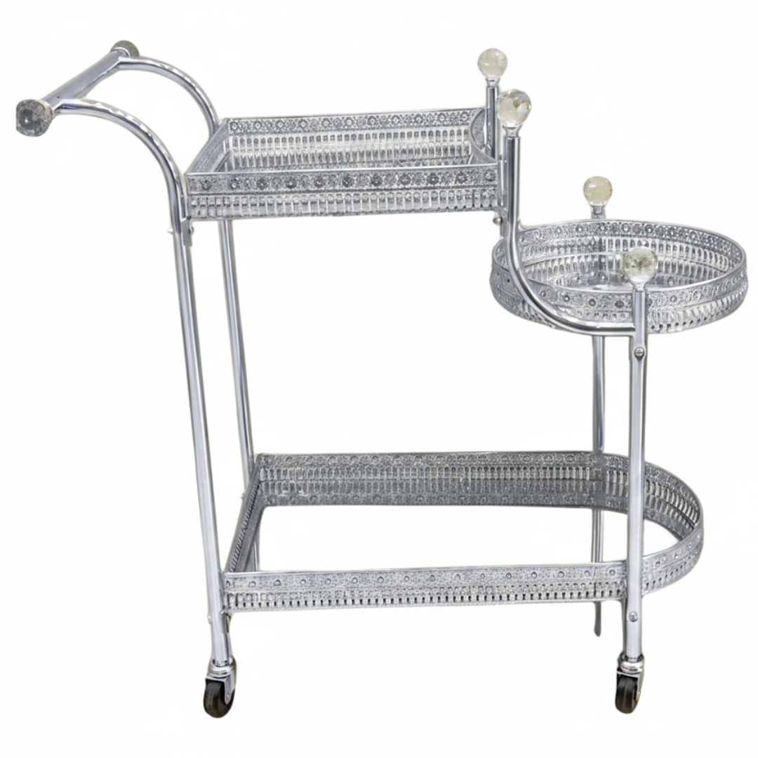 Pilsco 3-Tier Silver Chrome Metal Ornate Serving Trolley with Round Side Tray and Wheels | Majlis & Hospitality Tea Cart | 70cmx60x34cm