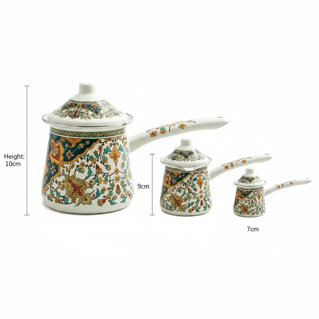Cream Enamel Coffee Warmer Set With Floral Design – 3 Pcs - 10cm / 9cm / 7cm