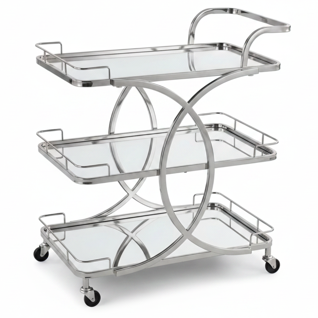 Life Smile 3-Tier Silver Chrome Metal & Mirror Glass Serving Trolley | Multi-Purpose Rolling Cart with Circular Frame | 80×70×40 cm |