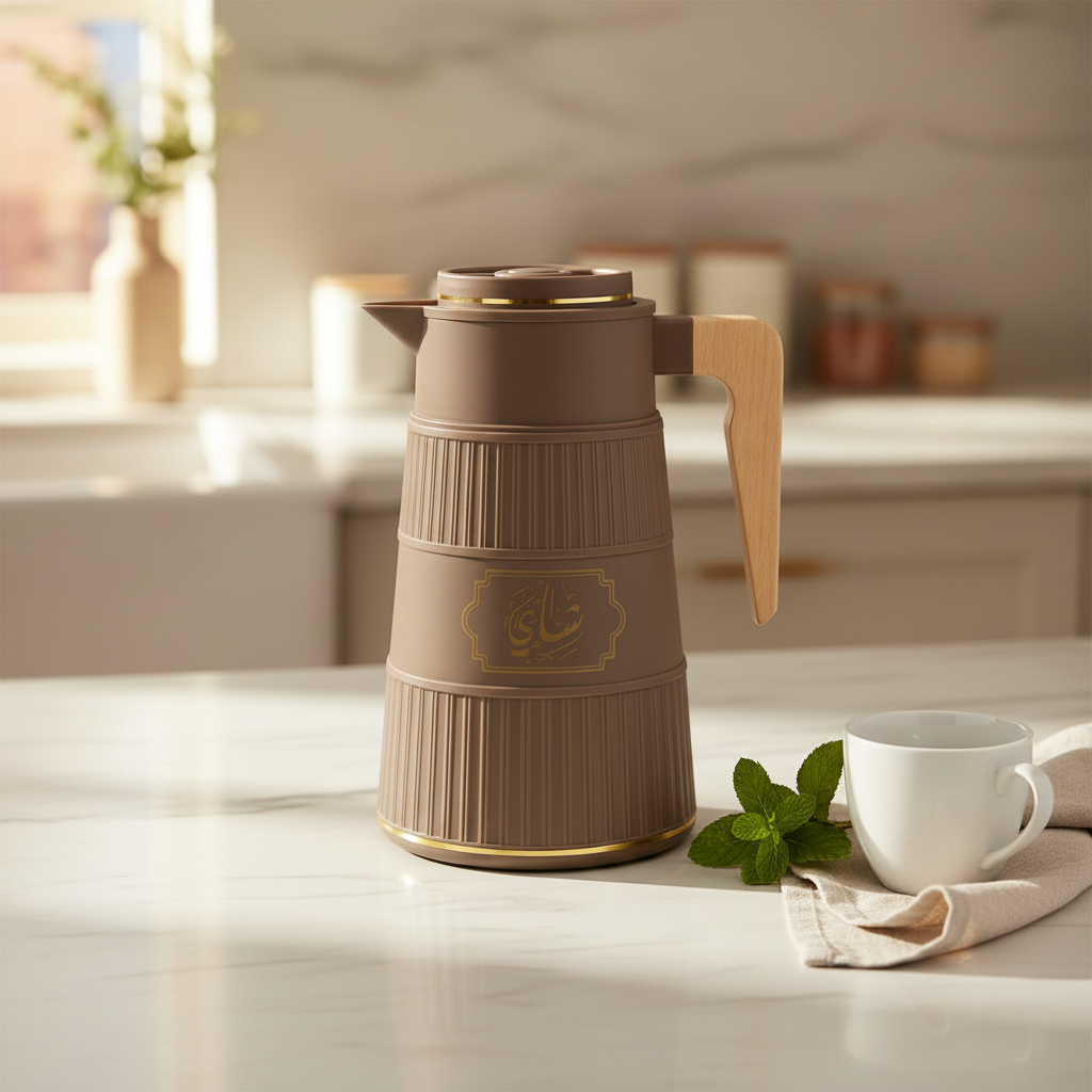 Germax Vacuum Flask 1 Litre | Insulated Arabic Thermos with Wooden Handle – Brown / Sage Grey / Cream