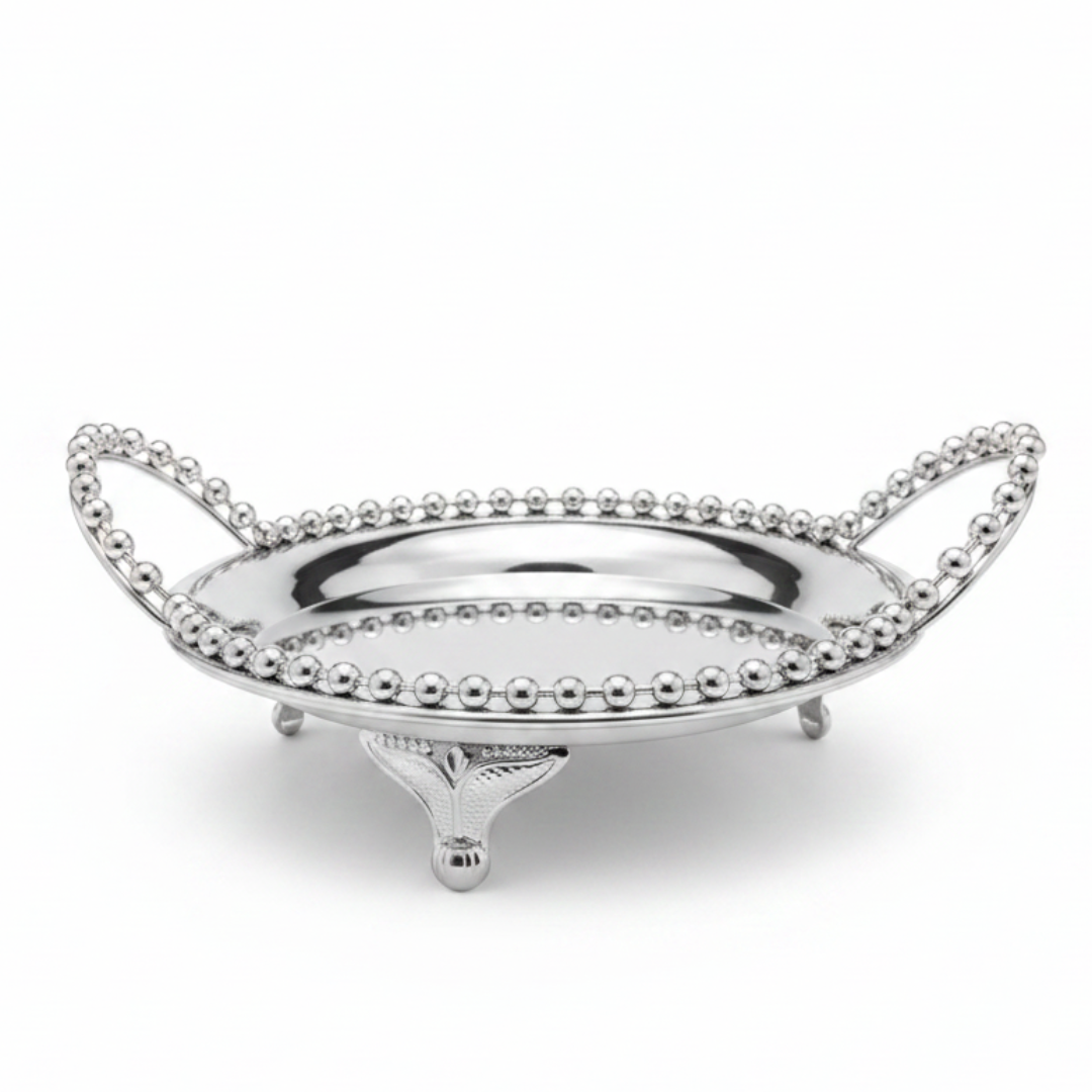 Silver Metal Round Candy Tray with Decorative Beaded Rim and Ornate Handles