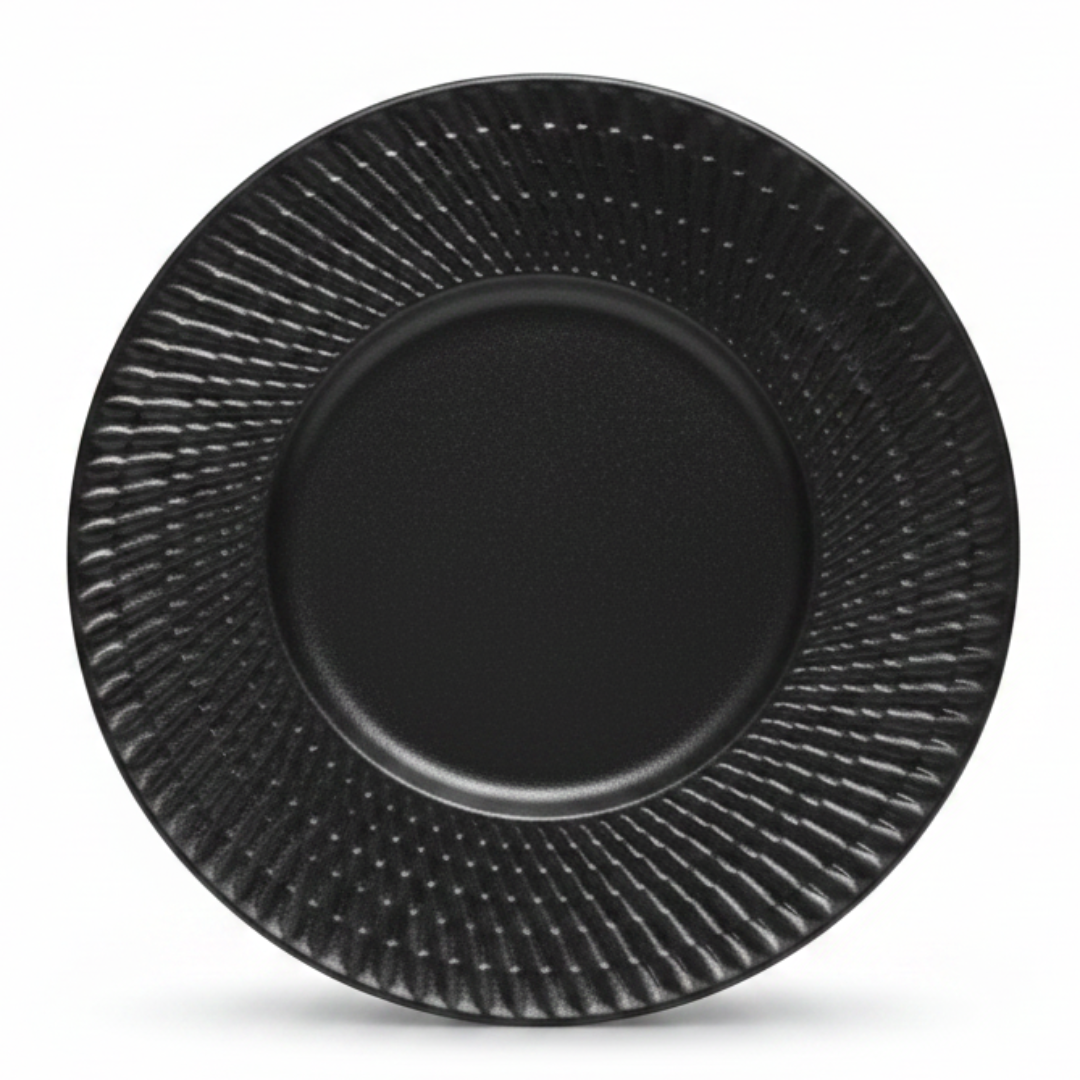 Black Ceramic Round Dinner Plate with Embossed Radial Rim – 10.5 Inch