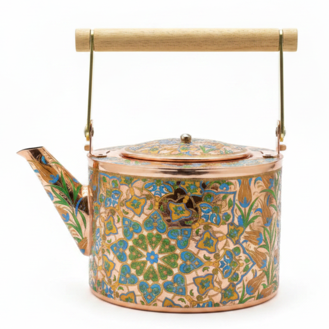 Handcrafted Copper & Blue Metal Tea Kettle with Wooden Handle – 1.5 Litre | Traditional Floral Art Design | Stovetop & Decorative Use