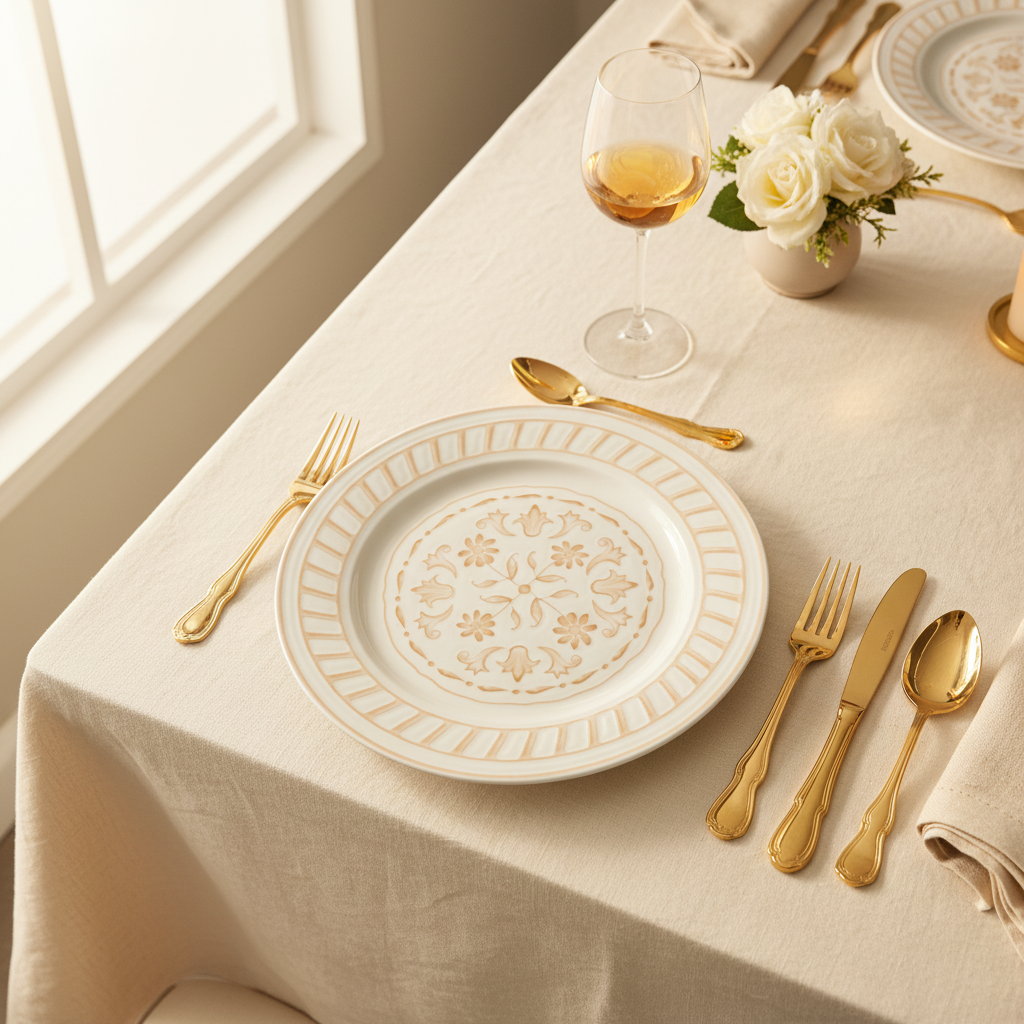 Luhpar White & Gold Round Ceramic Serving Plate - 12 Inch