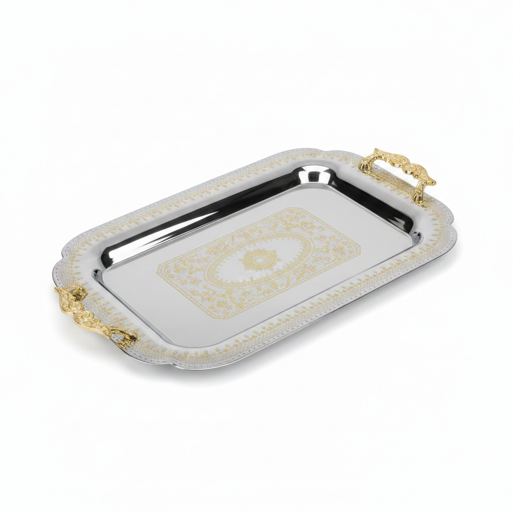 Maximan Luxury Silver & Gold Stainless Steel Serving Tray with Handles — 49×34 cm