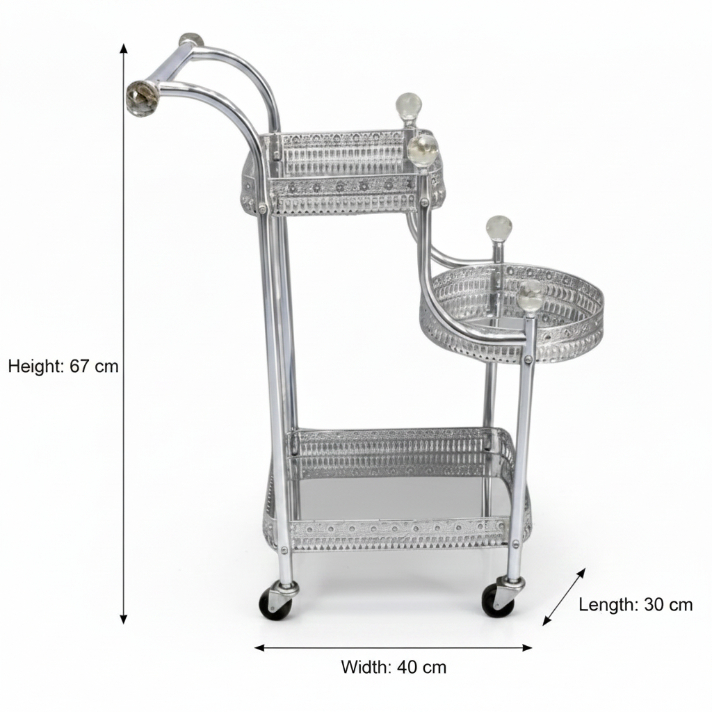 Pilsco 3-Tier Silver Chrome Metal & Glass Serving Trolley Cart with Ornate Filigree Design, Crystal Knob Accents & Rolling Casters | 67cm x 40cm x 30cm |