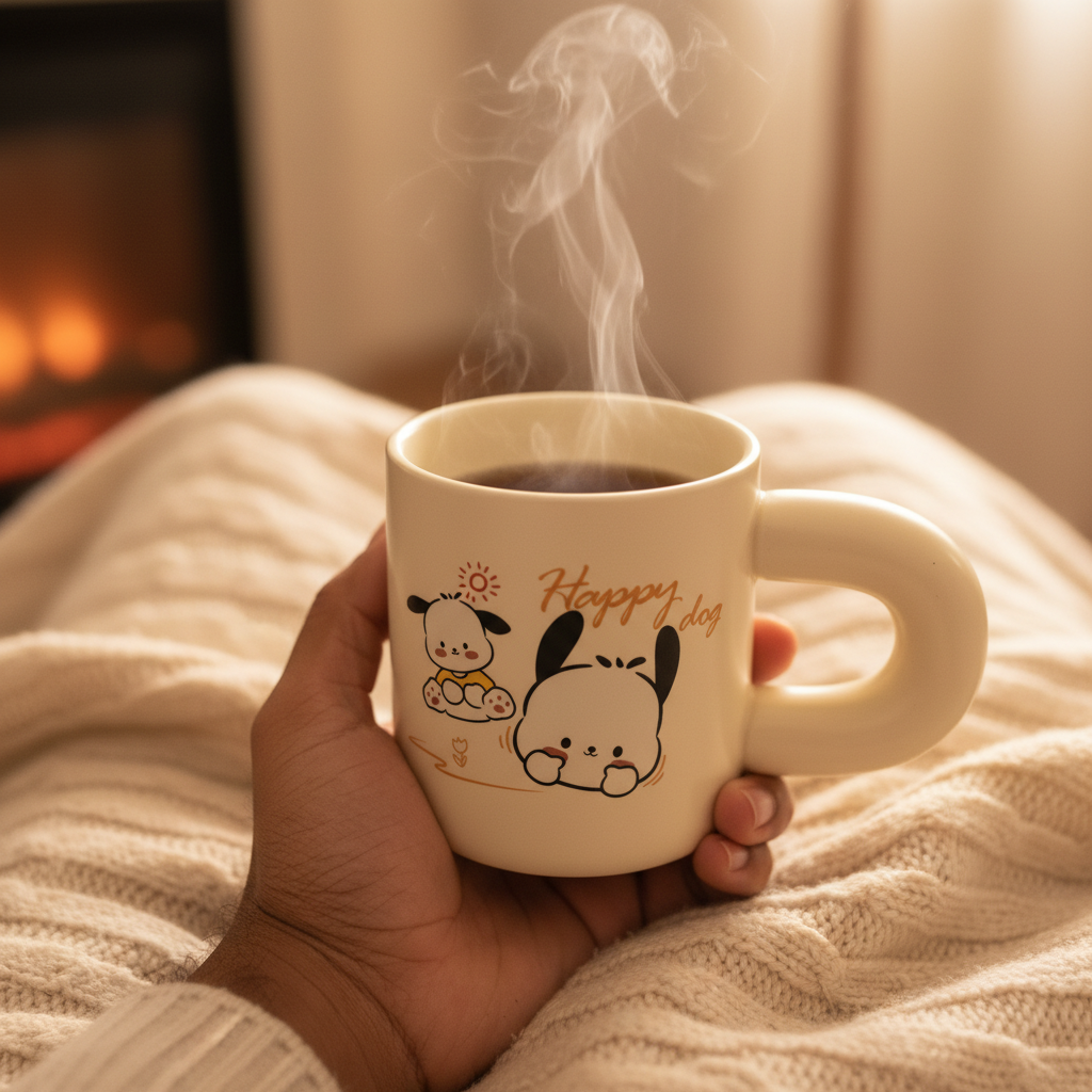 Happy Dog Cream Ceramic Mug – 350ml | Cute Cartoon Design | Perfect Gift