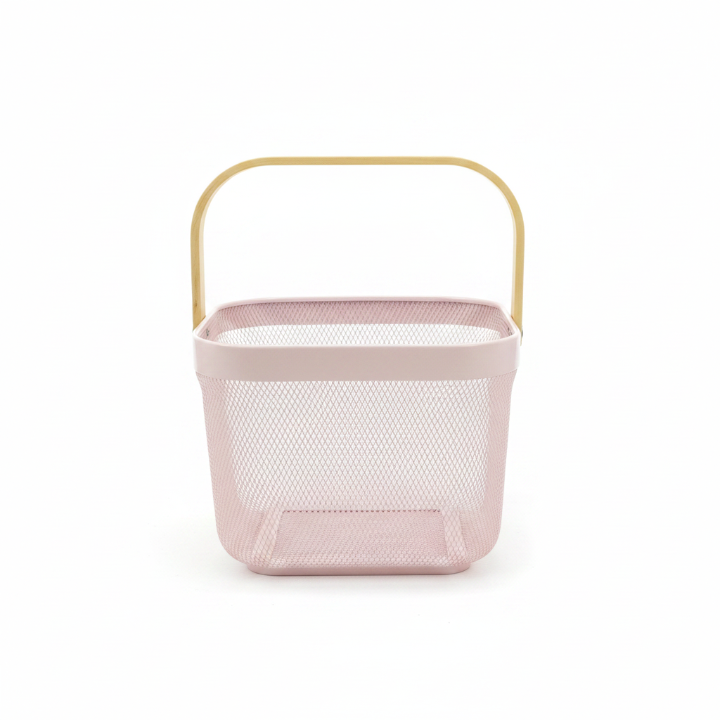 Lizhi Metal Mesh Basket with Wooden Handle — 18×24cm - Pink / Grey / Light Green / Cream