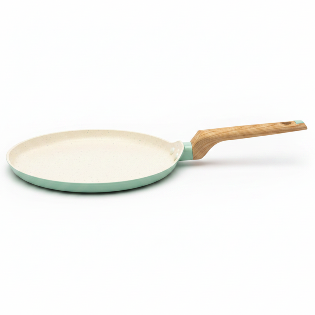 Nautilus Forged Aluminium Crepe Pan 24cm – Cream & Sage Green | Non-Stick | Wooden Handle