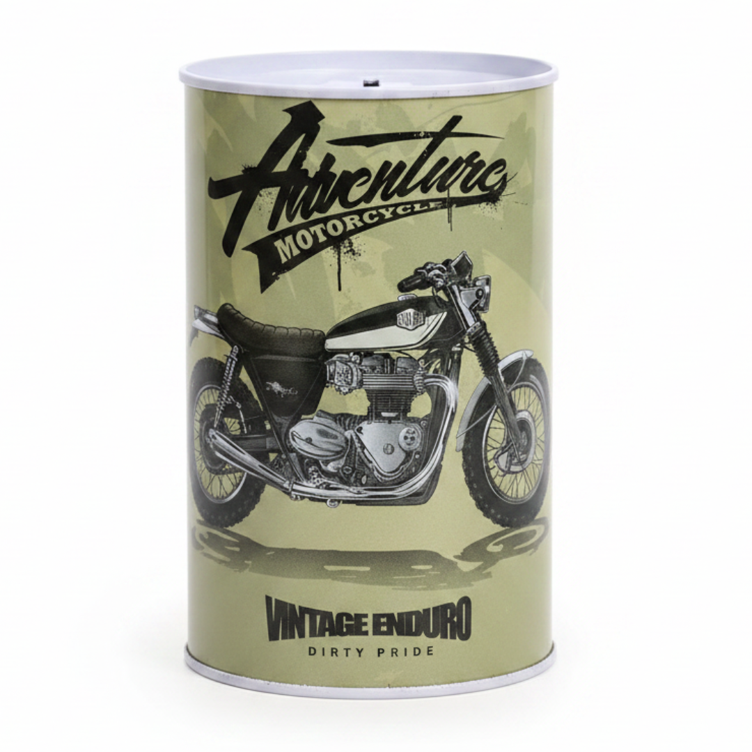 Adventure Motorcycle Vintage Enduro Metal Coin Piggy Bank Tin Box | Round Saving Box for Kids & Adults | 13×8 cm | Olive Green
