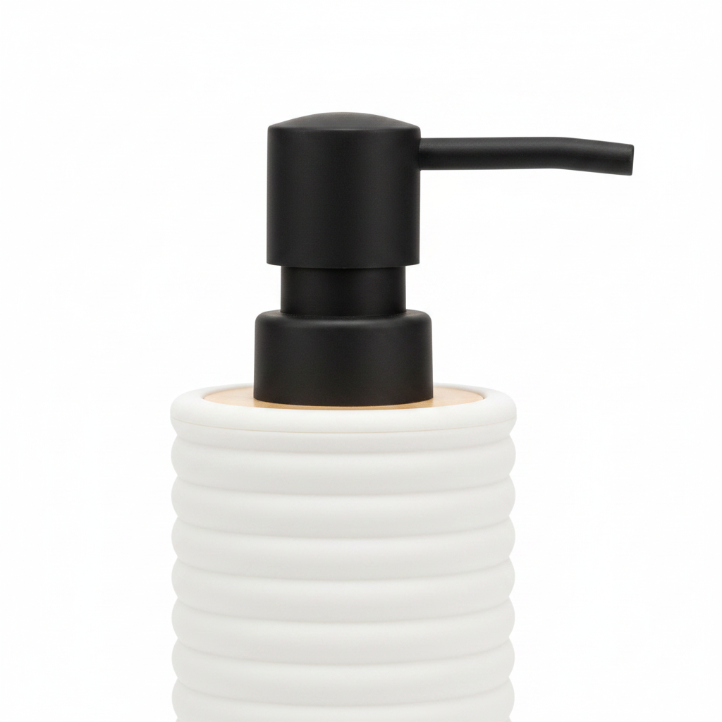 White Ribbed Plastic Liquid Soap Dispenser - 400ml - White / Black / Peach
