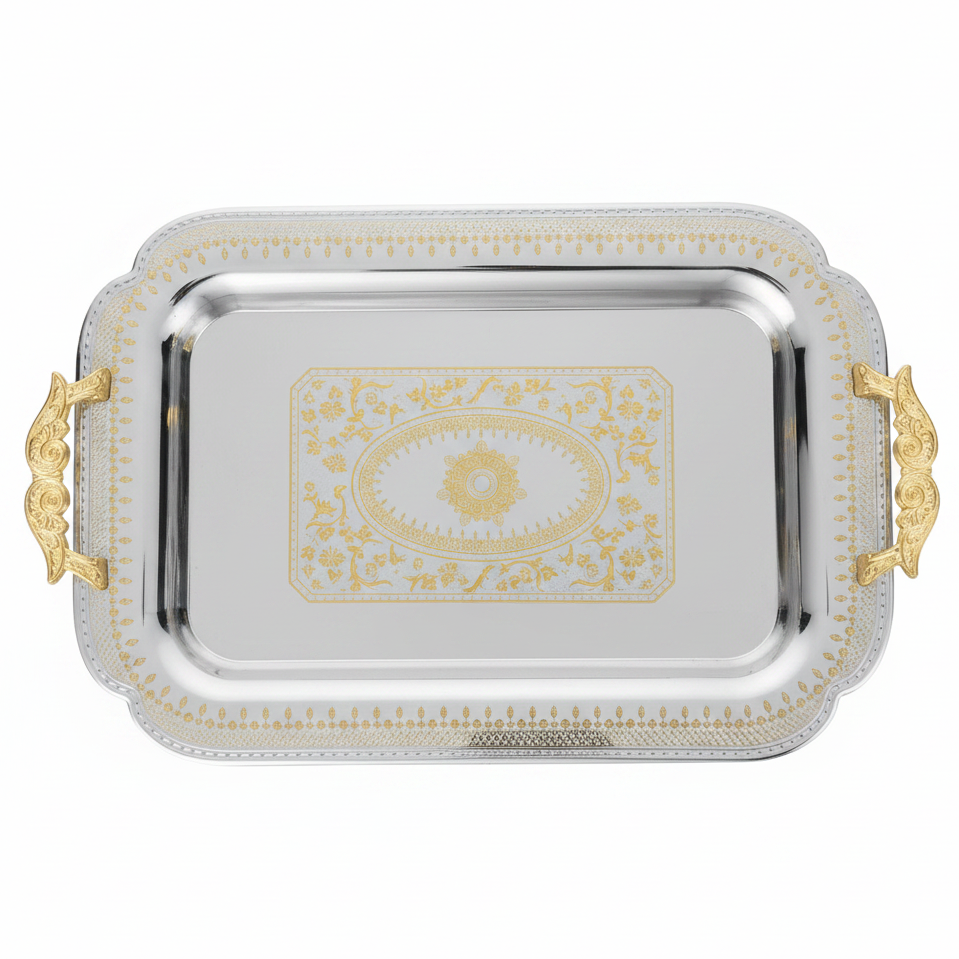 Maximan Luxury Silver & Gold Stainless Steel Serving Tray with Handles — 49×34 cm