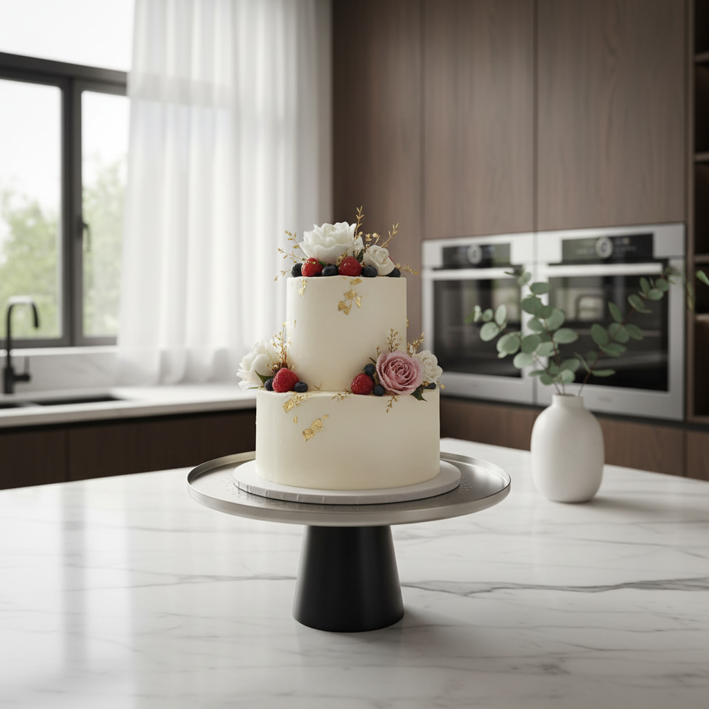 Luhpar Black Wooden Footed Brushed Silver Stainless Steel Cake Stand - 11×21 cm