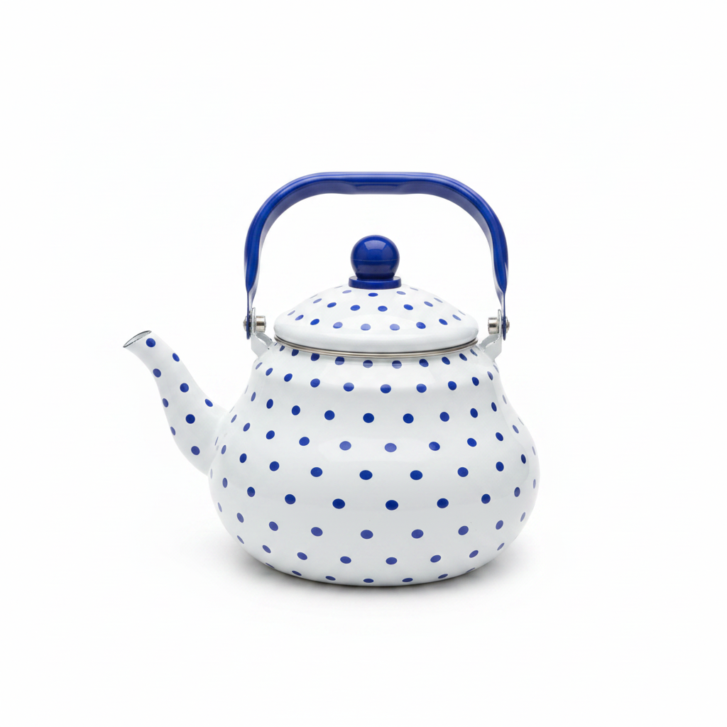 Velvet White Enamel Kettle with Blue Polka Print — 2 Litre