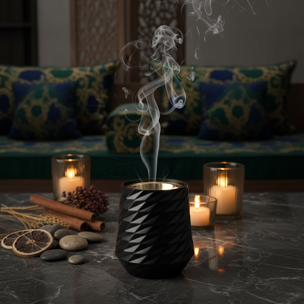 Black Elegant Geometric Ceramic Incense Burner with Gold Brass Interior | 10×7cm