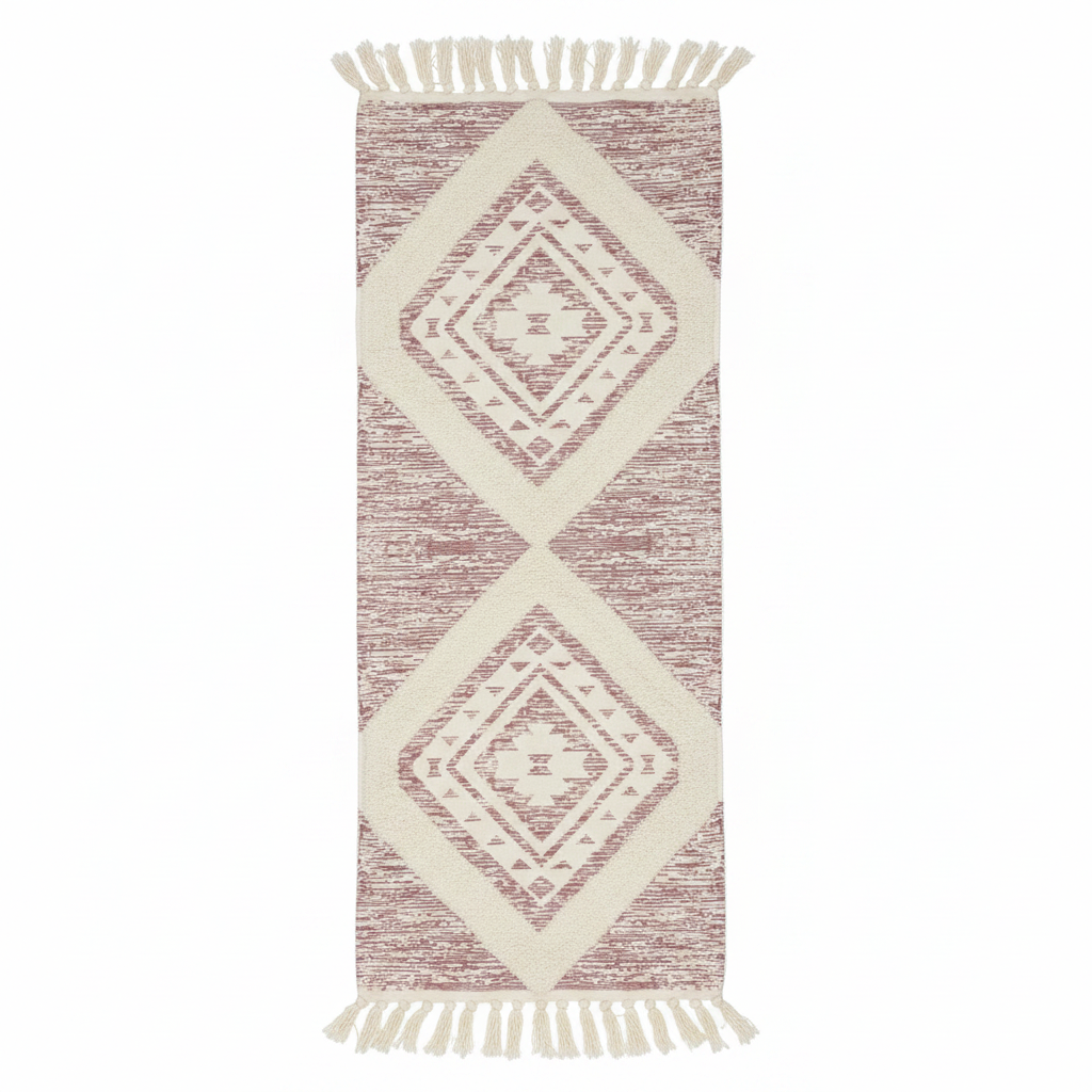 Handcrafted Boho Moroccan Diamond Geometric Runner Carpet | 50% Cotton 50% Polyester | 60×180cm | Cream & Dusty Rose | Tasseled Fringe | Living Room, Bedroom & Hallway