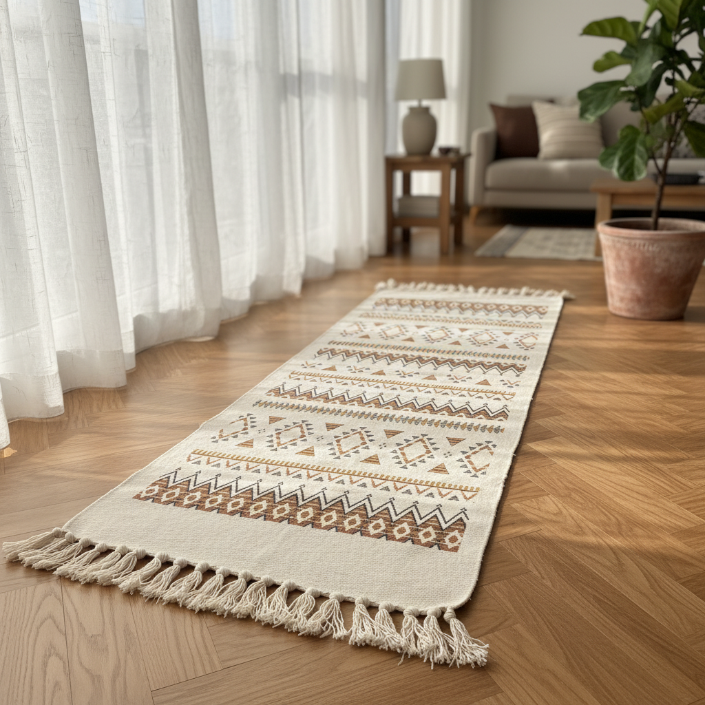Handcrafted Moroccan Berber Flat Weave Runner Carpet | Geometric Tribal Pattern | 50% Cotton 50% Polyester | 60×180 cm | Cream White with Brown & Gold Motifs