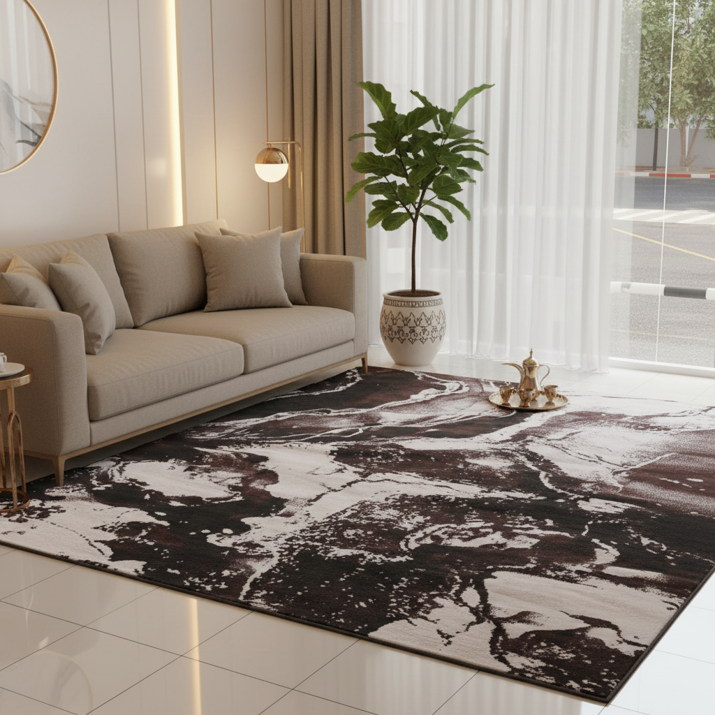 Kirstal Brown & White Polyester Abstract Marble Carpet Made in Turkey - 300 x 400 cm