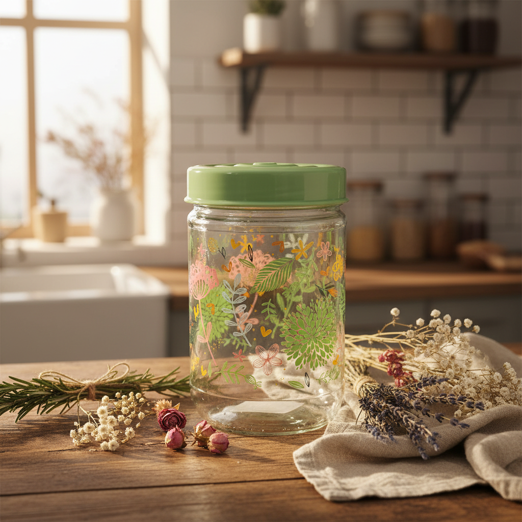 Glass Storage Jar with Mint Green Lid | Floral Print Kitchen Canister | 640ml ||