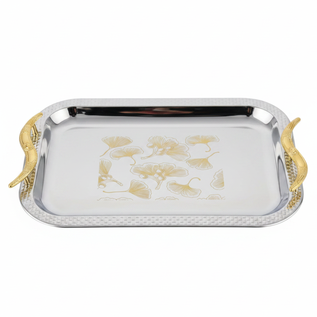 Maximan Luxury Silver & Gold Stainless Steel Serving Tray with Ornate Handles | 33.5 × 23.5 cm