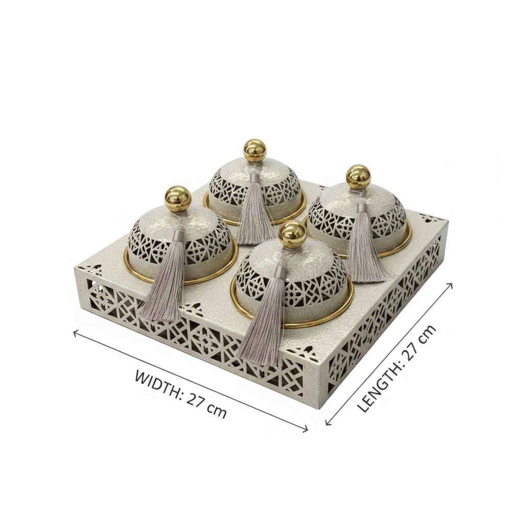Cream & Gold Metal 4-Piece Candy Bowl Set with Tray - 27×27 cm