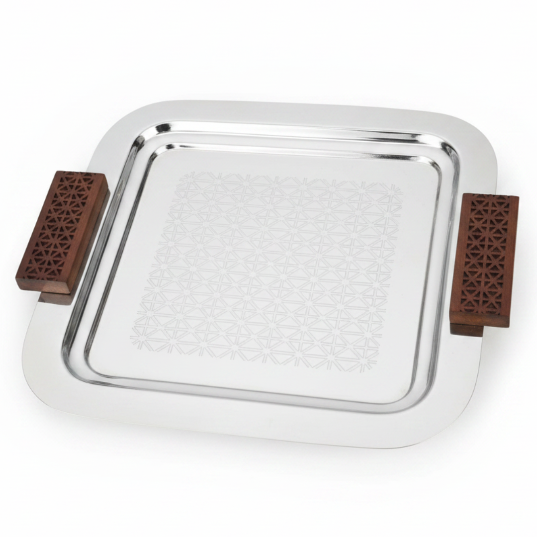 Luhpar Silver Square Stainless Steel Serving Tray with Wooden Handles – 30×30cm