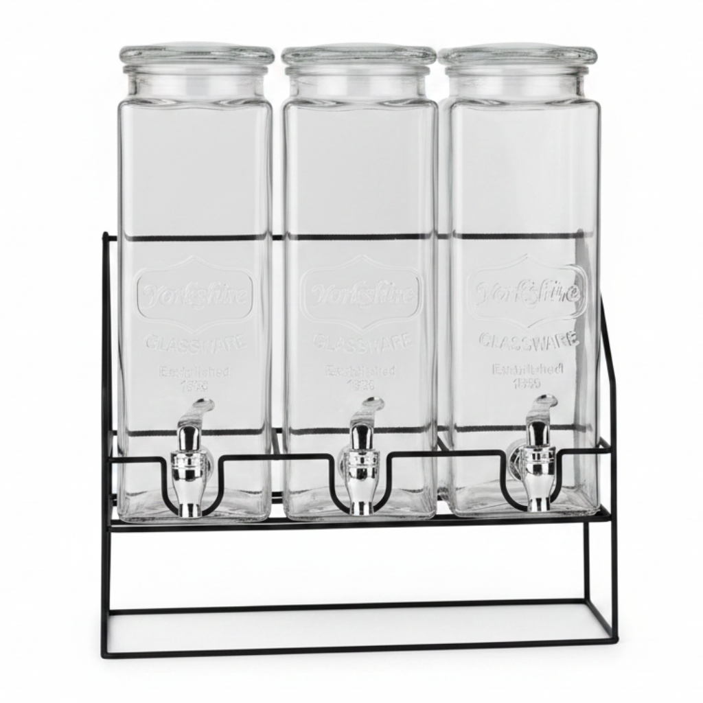 3 Pcs Classic Glass Beverage Dispenser Set with Metal Stand – 2.2L Each