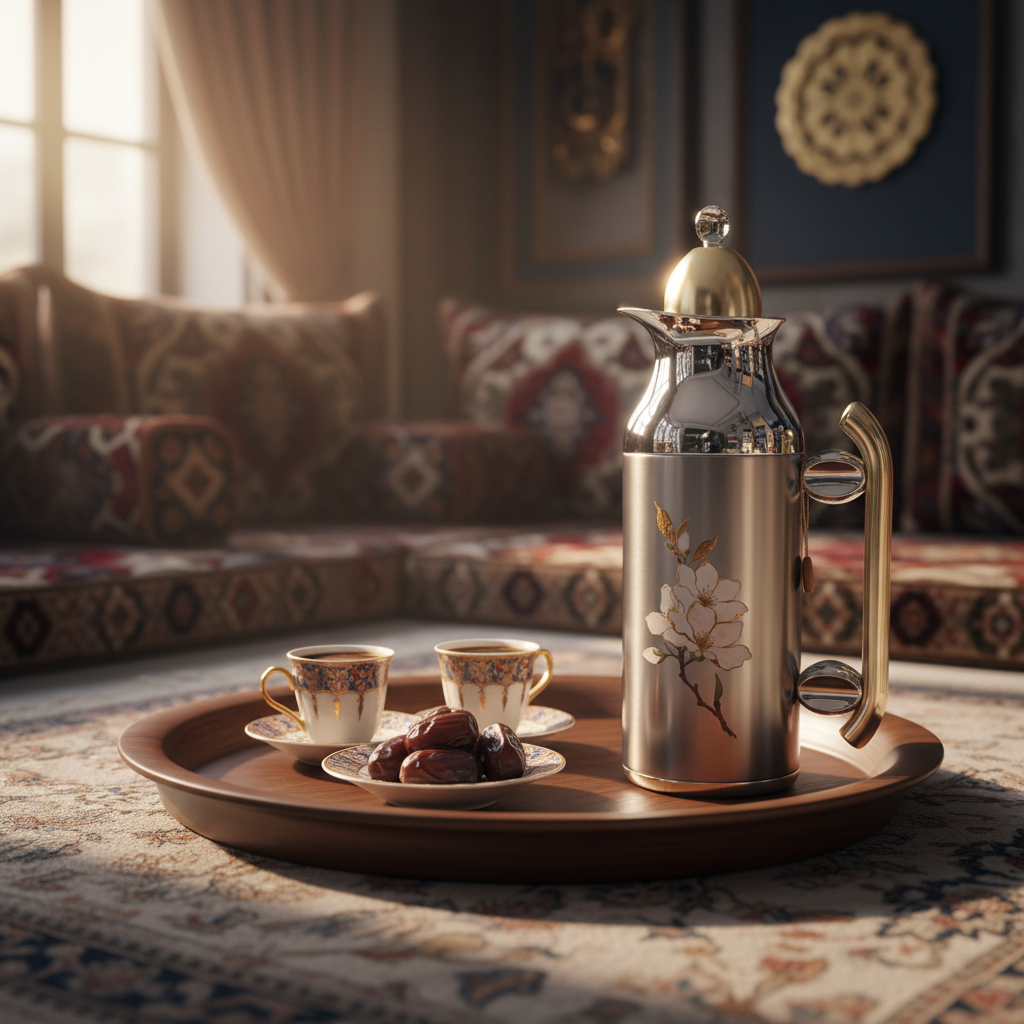 Mahra Vacuum Flask Set | 1L + 0.7L | Silver with Gold & Magnolia