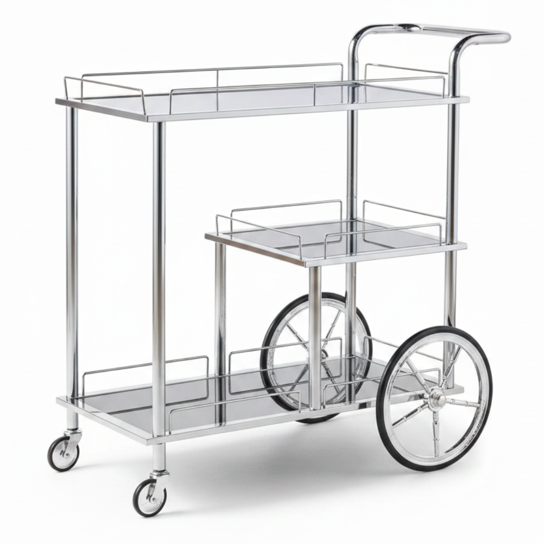 MayFlower 3-Tier Silver Chrome Metal & Clear Glass Serving Trolley Bar Cart | Rolling Hospitality Cart with Spoked Wheels | 77cm × 75cm × 40cm |