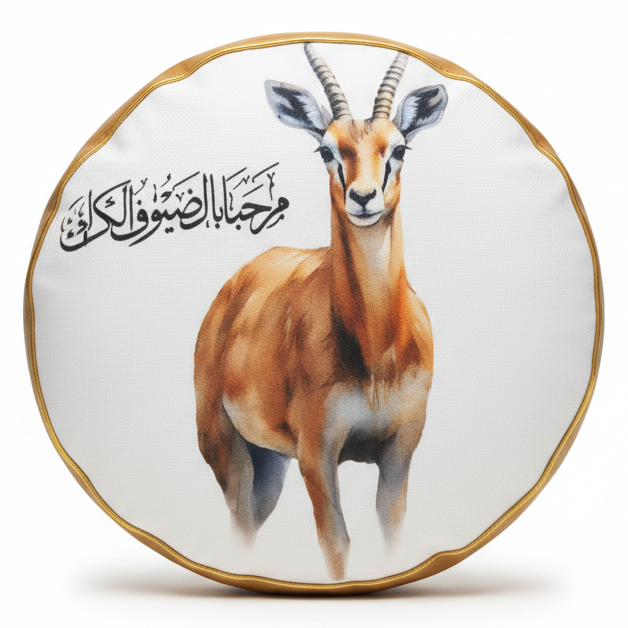 AKDC Gazal Round Decorative Cushion with Arabic Text Print – 45 cm Cotton with Synthetic Leather