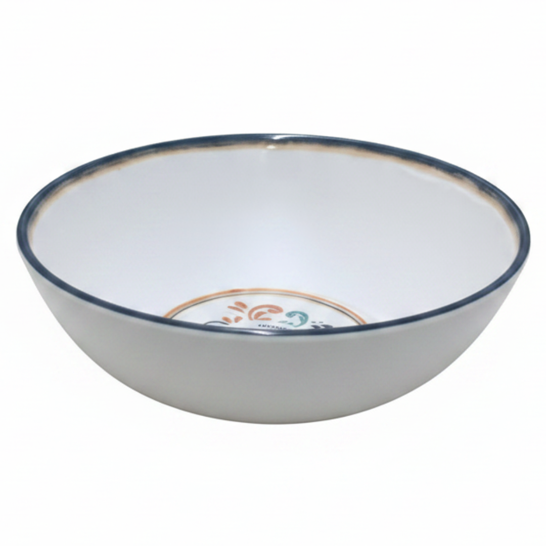 Vague White Melamine Bowl with Navy Blue Rim & Floral Design — 5.25 Inch