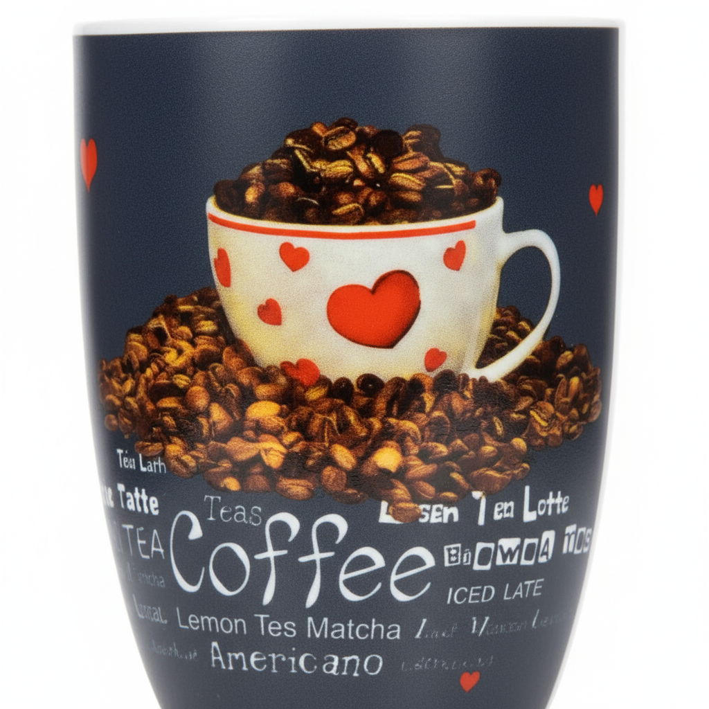 Navy Blue Heart & Beans Print Ceramic Mug - 300ml
