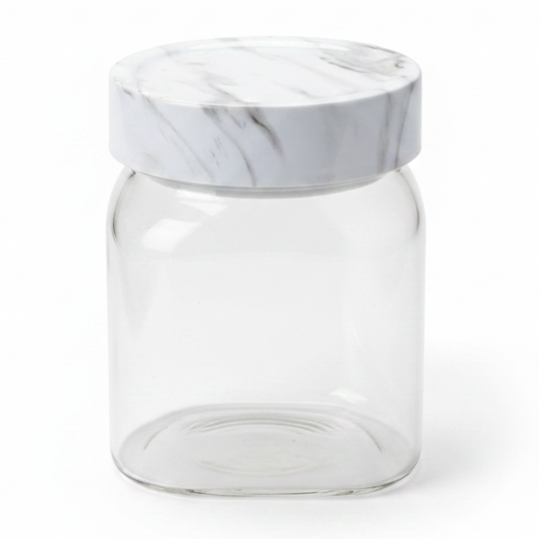 Glass Canister with Elegant Marble-Pattern Plastic Lid | 1 Litre Airtight Storage Jar for Kitchen, Pantry & Home Organisation