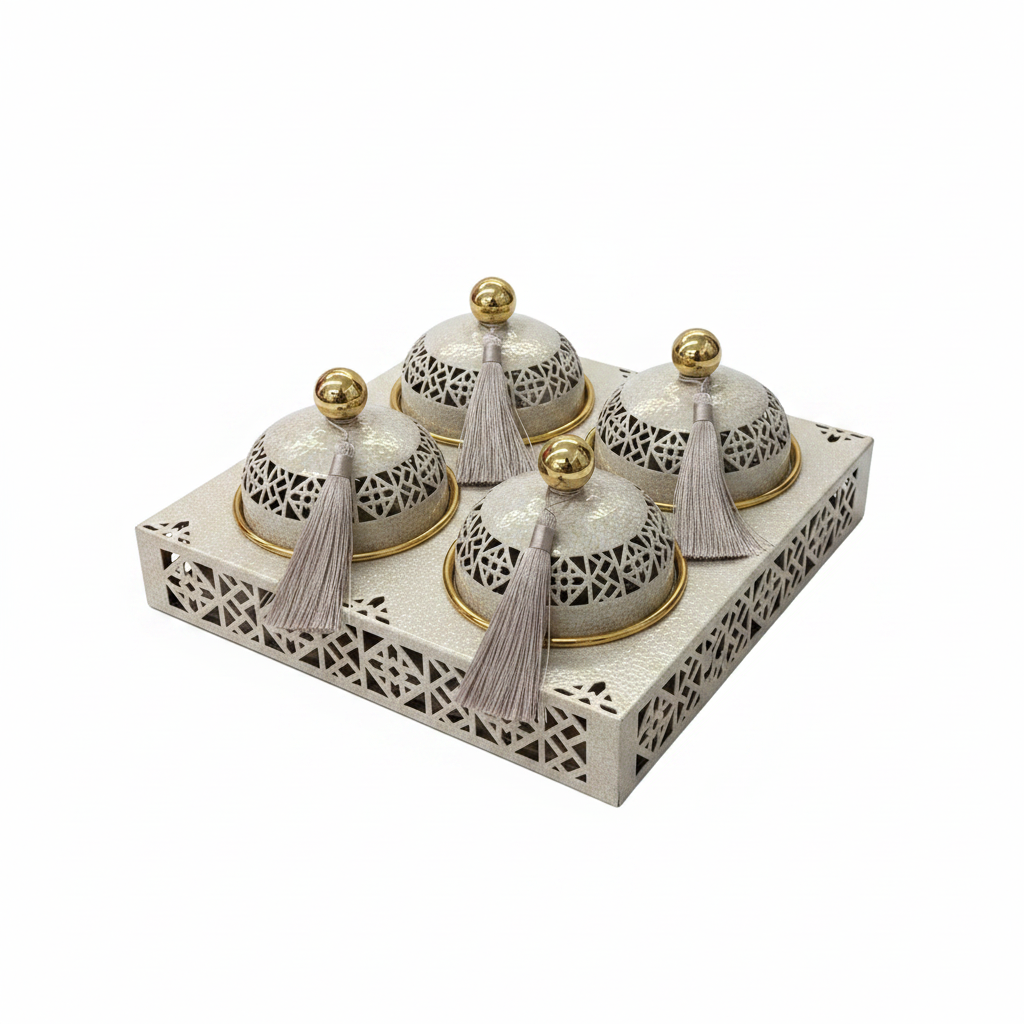 Cream & Gold Metal 4-Piece Candy Bowl Set with Tray - 27×27 cm