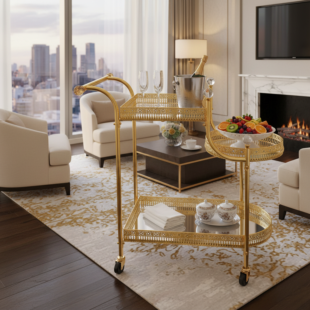 Pilsco 3-Tier Gold Metal & Mirrored Glass Serving Trolley Cart with Crystal Finials & Ornate Filigree Design | Luxury Hospitality & Majlis Tea Trolley on Wheels | 70 x 60 x 34 cm