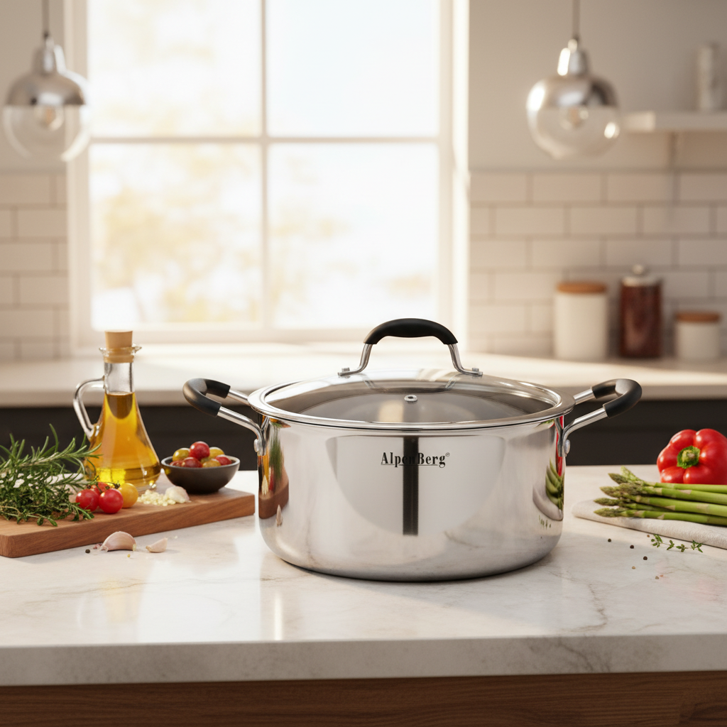 AlpenBerg Silver 3-Ply Stainless Steel Casserole with Glass Lid — 6.6 Litre
