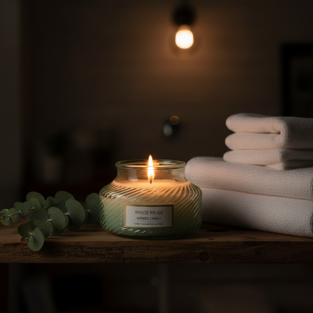 Scented Candle in Ribbed Glass Jar | Long-Lasting Home Fragrance | 8×8 cm | White Musk / Amber Myrrh / Wild Bluebell / Fresh Freesia