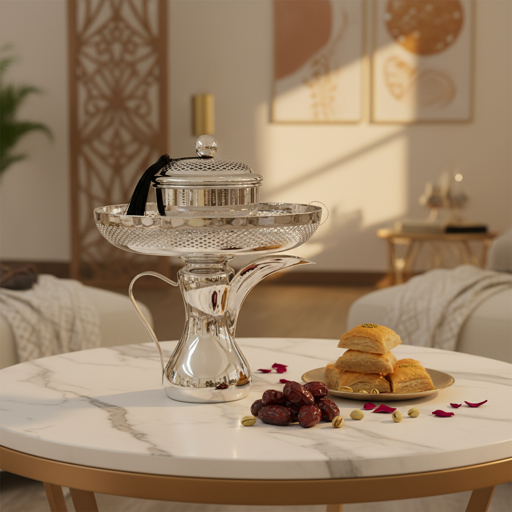 صينية حلوى معدنية فضية على شكل دلّة مع غطاء شبكي - 25 × 23 سم