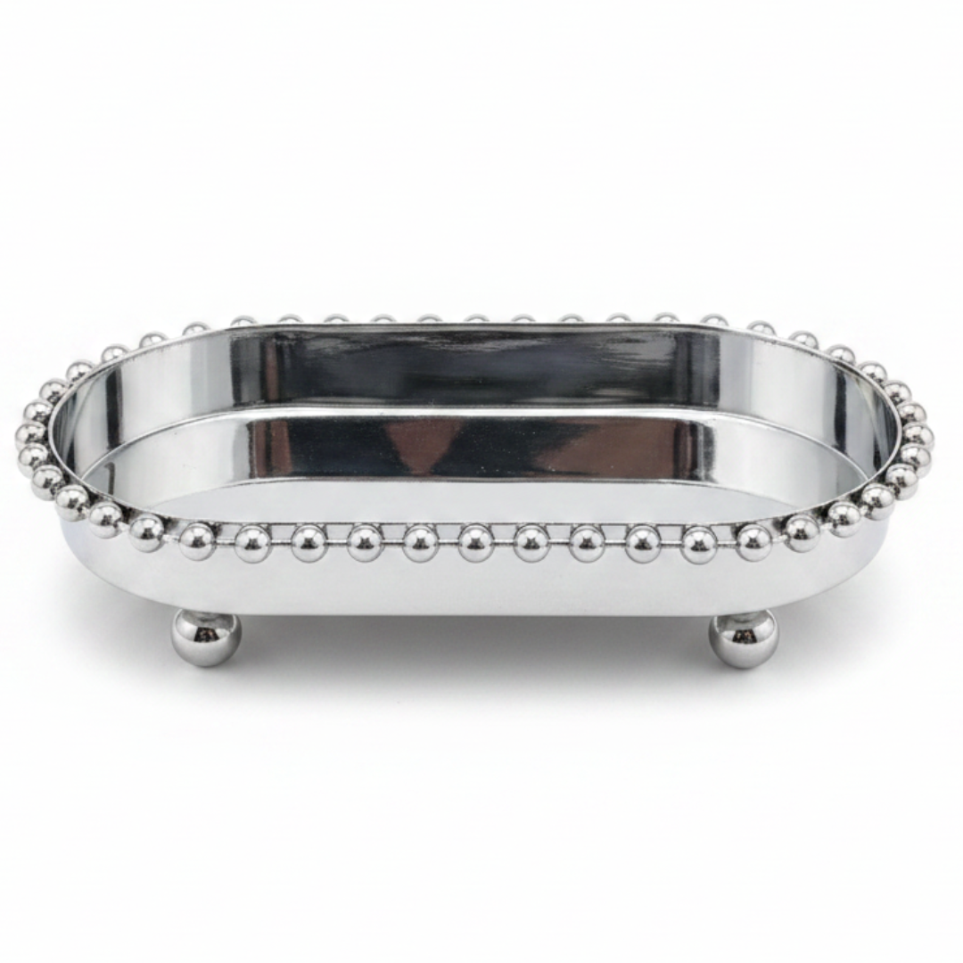 Silver Metal Oval Candy & Sweets Serving Tray with Beaded Pearl Border and Ball Feet — 20×10 cm