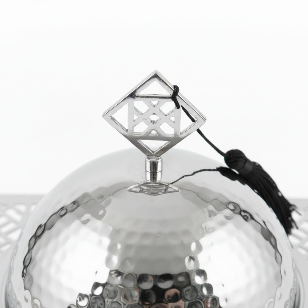 Silver Metal Candy Plate with Dome Lid & Ornate Base - 25×20cm