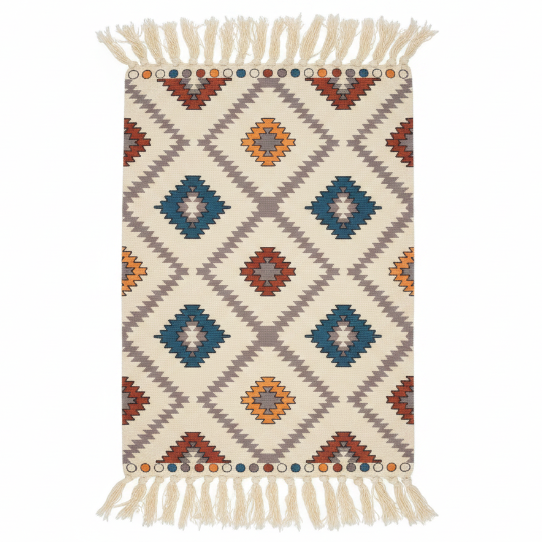 Handcrafted Kilim-Style Geometric Flat Weave Carpet | 50% Cotton 50% Polyester | Boho Tribal Diamond Pattern | Fringe Tassel Rug | 60 x 150 cm | Cream, Blue, Terracotta & Orange