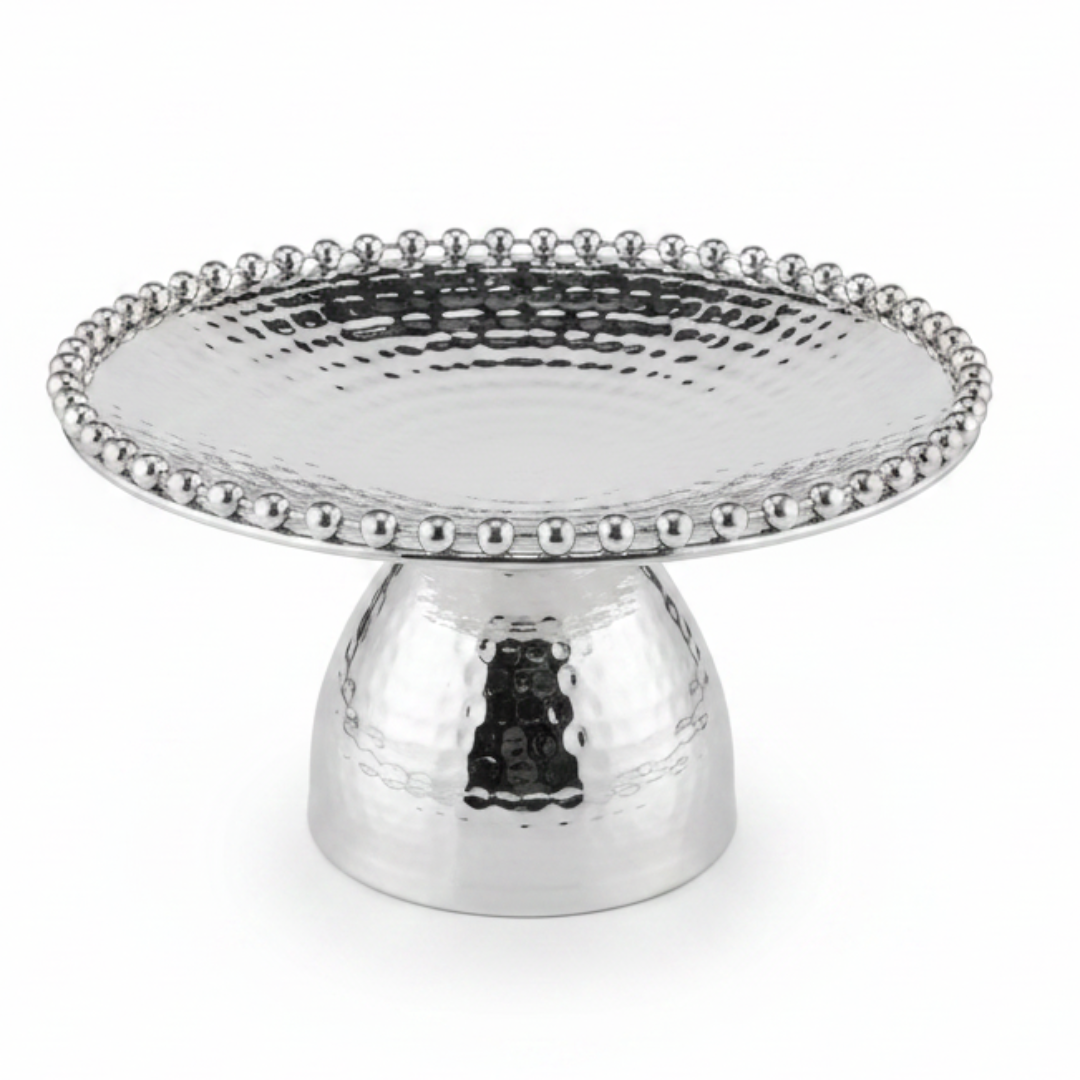 Silver Metal Footed Round Candy Tray | Hammered Finish with Beaded Edge | Elegant Serving Pedestal Stand |