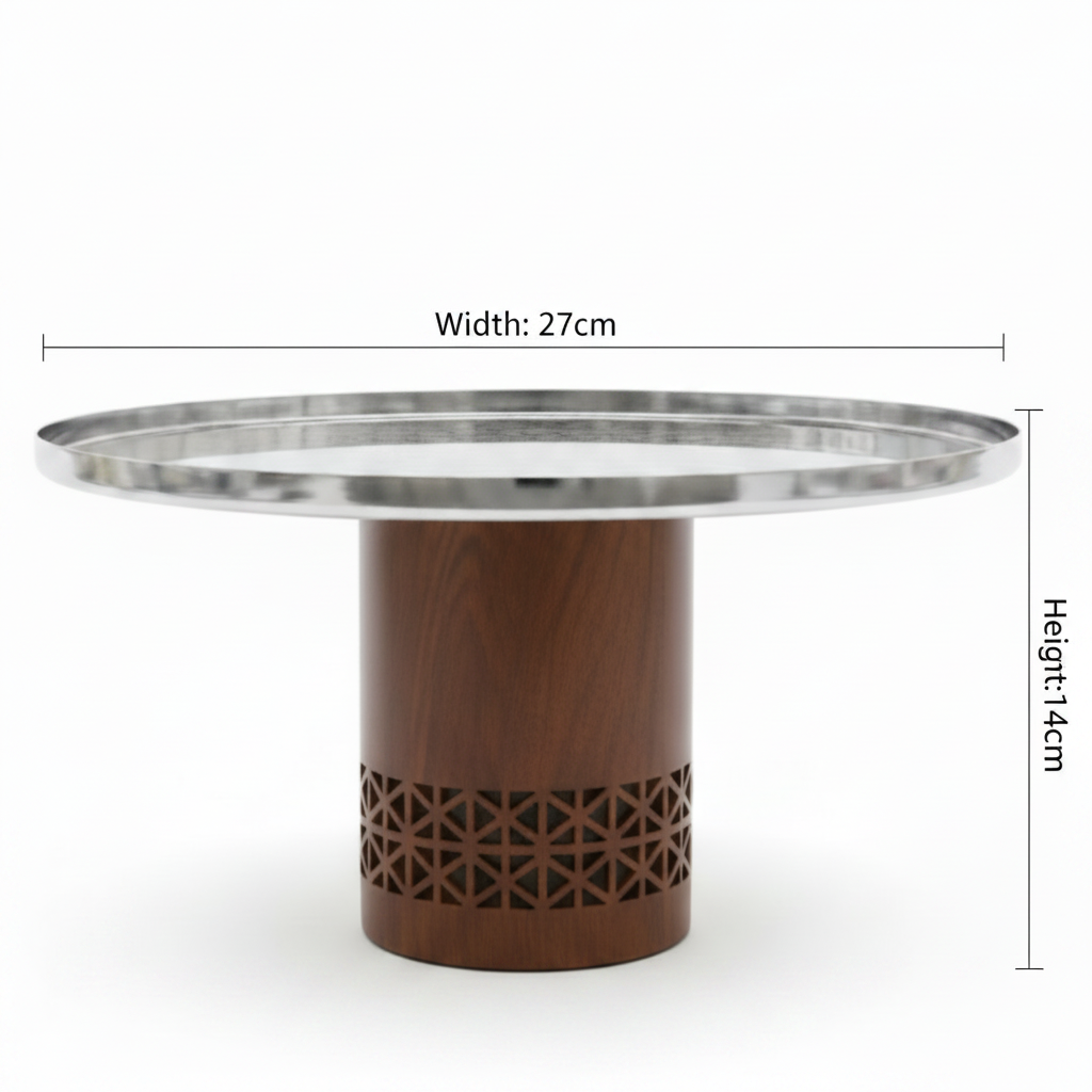 Luhpar Brown Wooden Footed Silver Stainless Steel Cake Stand - 27×14cm