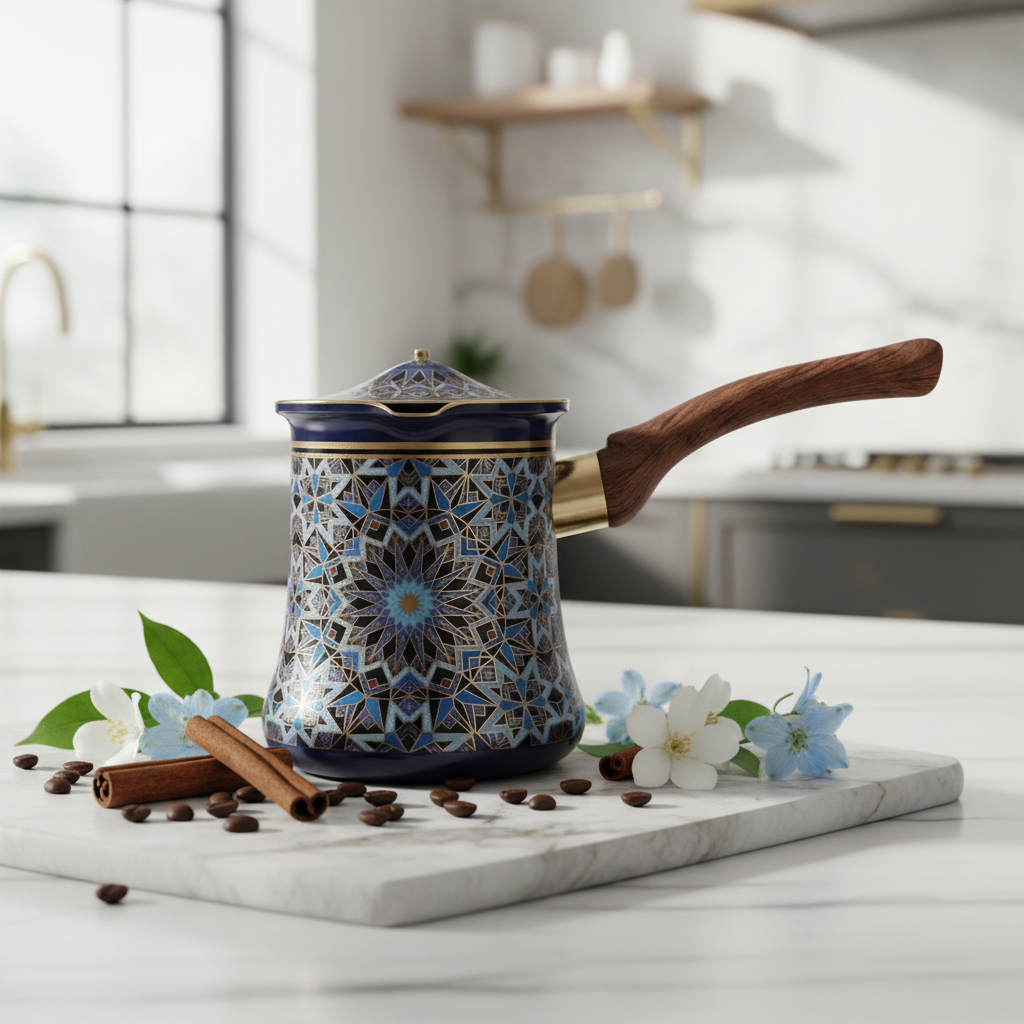 Blue & Black Decorative Metal Coffee Warmer with Mosaic Islamic Geometric Pattern, Wooden Handle & Lid – 600ml