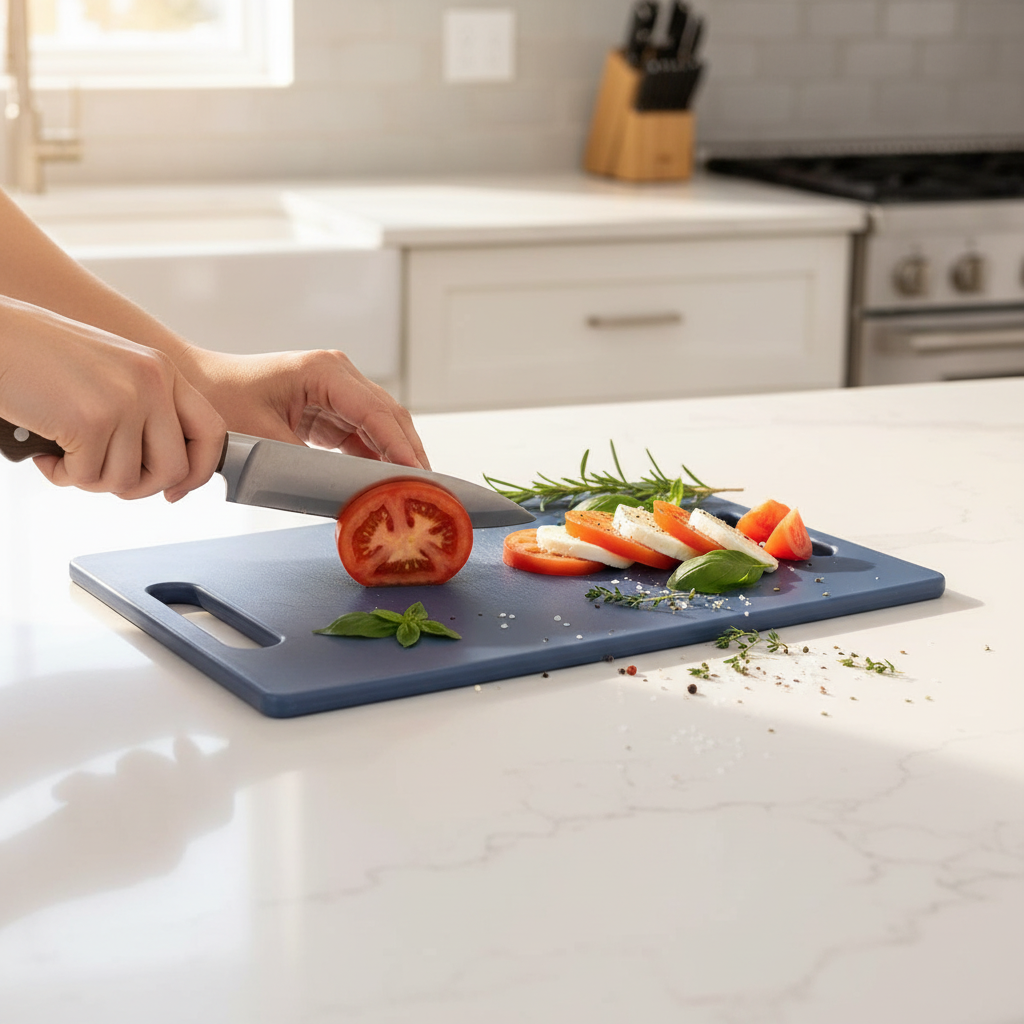 KitchenMark PE Plastic Cutting Board – 34 x 23 x 1.9cm - Navy Blue / Teal Green / Pink