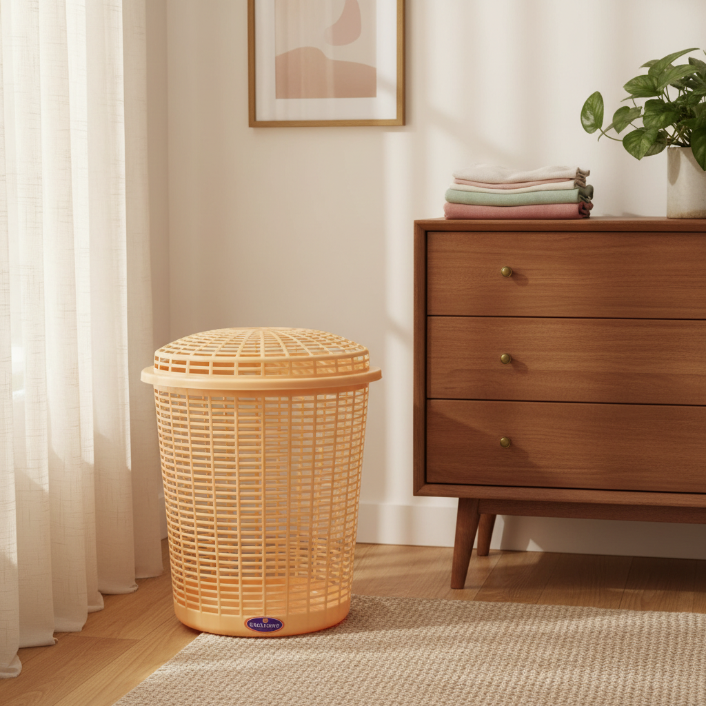 Exclusive Plastic Laundry Basket with Lid - 50 × 38 cm - Beige / Blue / Pink